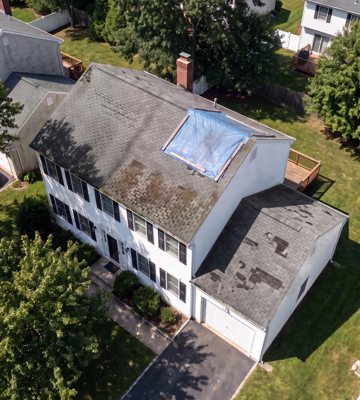 Aerial view of a home whose roof has a tarp, curled and missing shingles and moss
